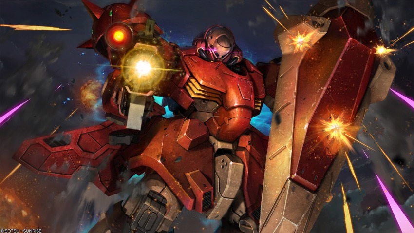 absurdres aiming aiming_at_viewer artist_request battle beam_rifle company_name copyright_notice damaged dirty energy_beam energy_gun exposed_internal_machinery firing gun gundam gundam_battle_operation_2 gundam_hathaway&#039;s_flash highres holding holding_weapon lens_flare machine_gun machinery mecha mecha_focus messer_(mobile_suit) mobile_suit no_humans one-eyed pink_eyes realistic robot science_fiction shield shoulder_spikes spikes sunrise_(company) weapon