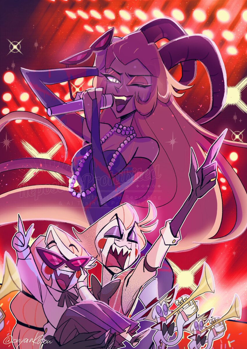 1boy 2girls blonde_hair charlie_morningstar child demon_boy demon_girl demon_horns family father_and_daughter hazbin_hotel highres horns kin_(58n58n58n) lilith_(hazbin_hotel) long_hair lucifer_morningstar_(hazbin_hotel) mother_and_daughter multiple_girls red_eyes sharp_teeth teeth very_long_hair watermark