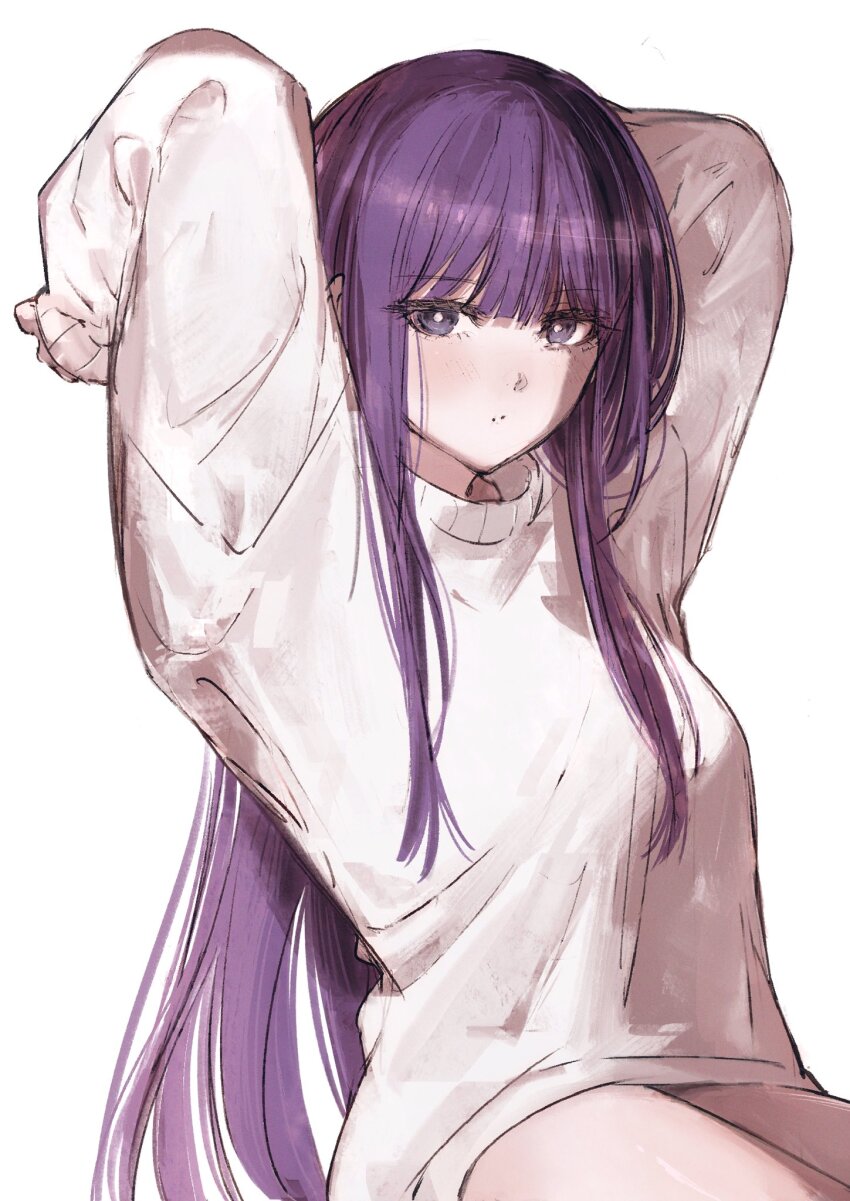 1girl alternate_costume arms_behind_head arms_up blush fern_(sousou_no_frieren) highres long_hair looking_at_viewer moku_(muooku) no_pants parted_lips purple_eyes purple_hair sidelocks solo sousou_no_frieren sweater white_sweater