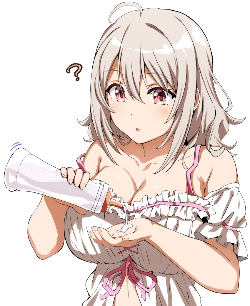 1girl ? ahoge babydoll belko blush bottle breasts cleavage collarbone hair_between_eyes highres large_breasts lily_(spy_kyoushitsu) lube lube_bottle midriff off_shoulder parted_lips pink_eyes simple_background spy_kyoushitsu white_babydoll white_background white_hair