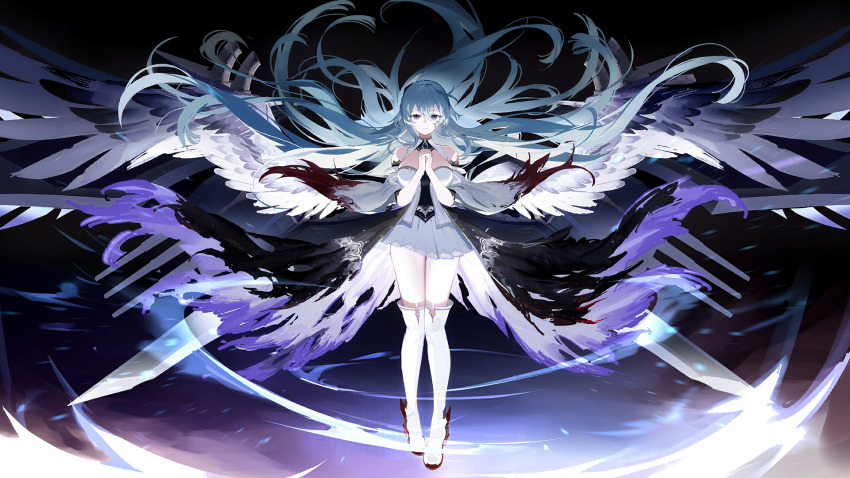1girl angel_wings azur_lane bare_shoulders black_wings blue_eyes blue_hair boots braid breasts burnt_clothes cape chain cleavage closed_mouth detached_sleeves dress feathered_wings floating floating_hair full_body hair_ornament hands_up high_heel_boots high_heels highres large_breasts oversized_wings long_hair machinery military_vehicle miniskirt multiple_wings non-web_source official_art own_hands_clasped own_hands_together pleated_skirt red_footwear ribbon rigging rodney_(azur_lane) rodney_(meta)_(azur_lane) ship ship_turret shoes skirt solo standing strapless strapless_dress thigh_boots thighhighs torn_clothes very_long_hair warship watercraft white_footwear white_skirt wide_shot wings zettai_ryouiki