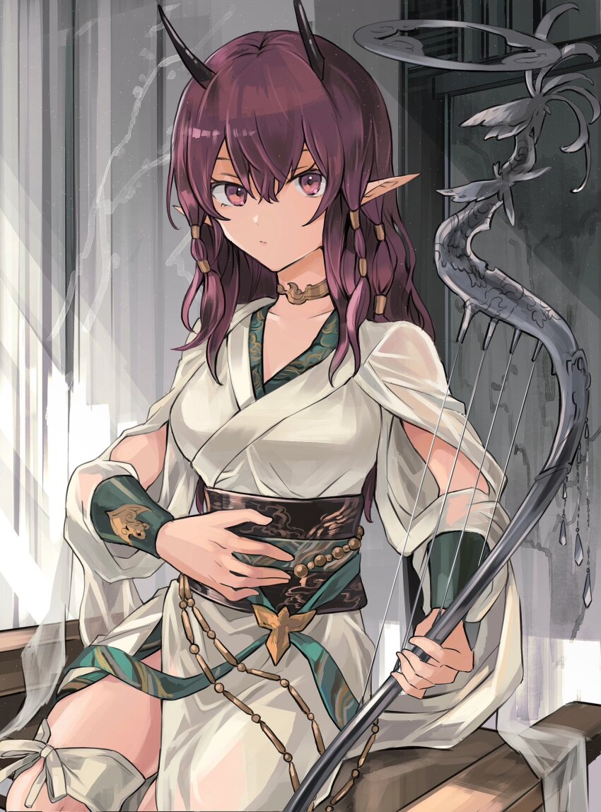 1girl ambience_synesthesia arknights arm_cutout bench breasts clothing_request collar commentary demon_girl demon_horns hair_tubes hand_on_own_stomach harp highres holding holding_instrument horns indoors instrument japanese_clothes kimono lava_(arknights) lava_the_purgatory_(ambience_synesthesia)_(arknights) lava_the_purgatory_(arknights) leg_ribbon light_frown looking_at_viewer medium_breasts noshima obi pointy_ears purple_eyes purple_hair ribbon sash simple_background sitting solo thigh_ribbon white_background white_kimono white_ribbon