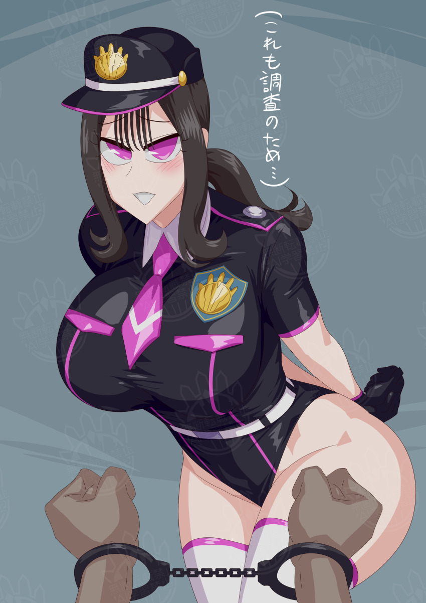 1girl absurdres breasts brown_hair hat highres ichikawa_sumino large_breasts no.1_sentai_gozyuger otokamu police_hat police_outfit purple_eyes solo super_sentai