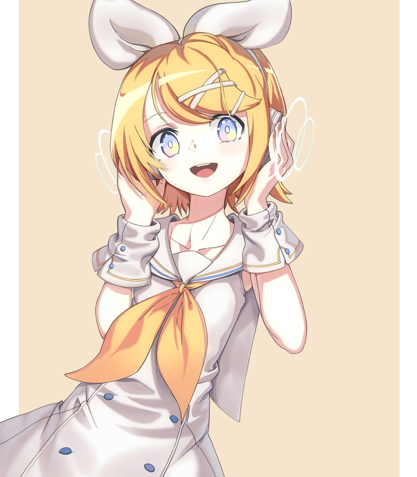 1girl alternate_costume ascot blonde_hair blue_eyes bow bright_pupils buttons detached_sleeves dress female_focus frank_lee_(dfgh132) hair_bow hair_ornament hairclip hands_on_headphones hands_on_own_head headphones headset highres kagamine_rin listening_to_music looking_at_viewer multicolored_eyes nail_polish neckerchief open_mouth pastel_colors sailor_collar sailor_dress shirt short_hair sleeveless sleeveless_shirt smile solo vocaloid sour_model_(mikumikudance) white_pupils yellow_nails yellow_neckerchief