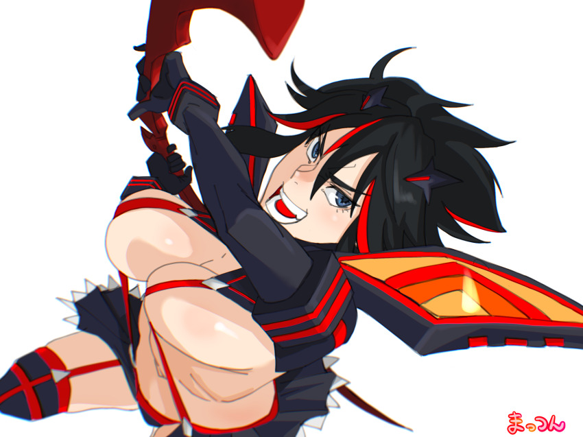 1girl black_hair blue_eyes breasts commentary highres kill_la_kill life_fiber living_clothes matoi_ryuuko mattsun_(lyohei) multicolored_hair revealing_clothes scissor_blade_(kill_la_kill) senketsu short_hair simple_background skirt solo streaked_hair suspenders two-tone_hair white_background