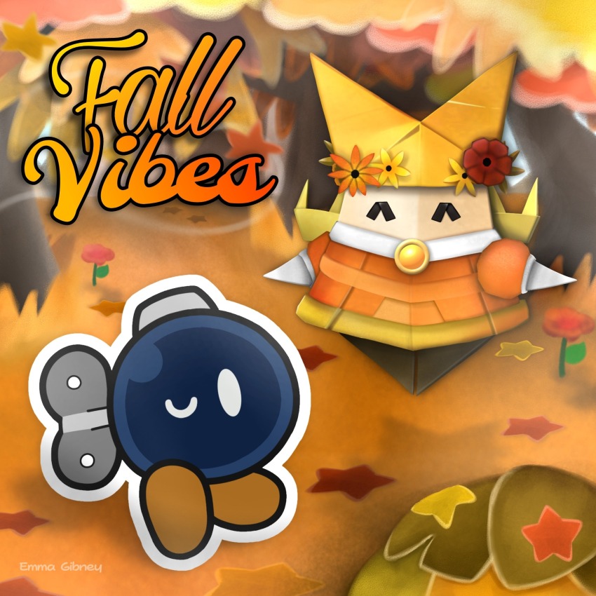 1girl ^_^ artist_name autumn bad_id bad_tumblr_id bird blonde_hair bobby_(paper_mario) brown_shoes bush closed_eyes commentary day dress elbow_gloves emma_gibney english_commentary english_text floating flower forest fur-trimmed_dress fur_trim gloves happy hat hat_flower highres japanese_white-eye long_hair mario_(series) nature nintendo olivia_(paper_mario) one_eye_closed orange_dress orange_flower origami outdoors paper paper_mario paper_mario:_the_origami_king puffy_short_sleeves puffy_sleeves red_flower shadow shoes short_dress short_sleeves solid_oval_eyes standing star_(symbol) white_gloves winding_key yellow_brooch yellow_flower yellow_hat