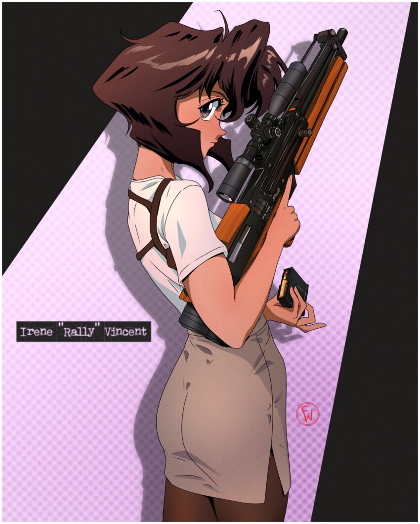 1girl absurdres ammunition artist_logo black_eyes border brown_hair brown_pantyhose brown_skirt bullet bullpup character_name closed_mouth commentary cowboy_shot dark-skinned_female dark_skin english_commentary expressionless fritz_willie from_side gun gunsmith_cats high-waist_skirt highres holding holding_gun holding_magazine_(weapon) holding_weapon holster logo looking_at_viewer magazine_(weapon) pantyhose pencil_skirt profile rally_vincent rifle rifle_cartridge scope shadow shirt short_hair short_sleeves shoulder_holster sideways_glance skirt sniper_rifle solo standing suppressor trigger_discipline walther walther_wa_2000 weapon white_border white_shirt