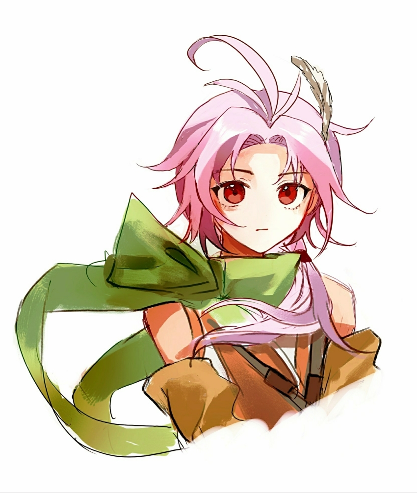 1boy antenna_hair brown_sleeves chinese_commentary chu_dong closed_mouth commentary_request cropped_torso curtained_hair detached_sleeves dita_iliner feather_hair_ornament feathers green_scarf hair_ornament highres low_ponytail male_focus no_nose orange_shirt parted_bangs pink_hair ponytail red_eyes saibou_shinkyoku scarf shirt side_ponytail simple_background sleeveless sleeveless_shirt solo white_background