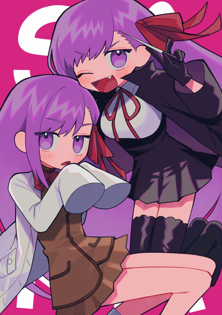 2girls absurdres bb_(fate) bb_(fate/extra) black_coat black_gloves black_skirt black_thighhighs bow bowtie brown_jacket brown_skirt coat fang fate/extra fate/extra_ccc fate_(series) gloves hair_ribbon hand_to_own_mouth high-waist_skirt highres holding holding_pointer jacket lab_coat long_hair long_sleeves looking_at_viewer matou_sakura_(fate/extra) miniskirt multiple_girls neck_ribbon nora_(lyh_b) one_eye_closed open_mouth pink_background pleated_skirt pointer purple_eyes purple_hair red_bow red_bowtie red_ribbon ribbon school_uniform shirt simple_background skirt sleeves_past_fingers sleeves_past_wrists smile thighhighs v-shaped_eyebrows white_shirt