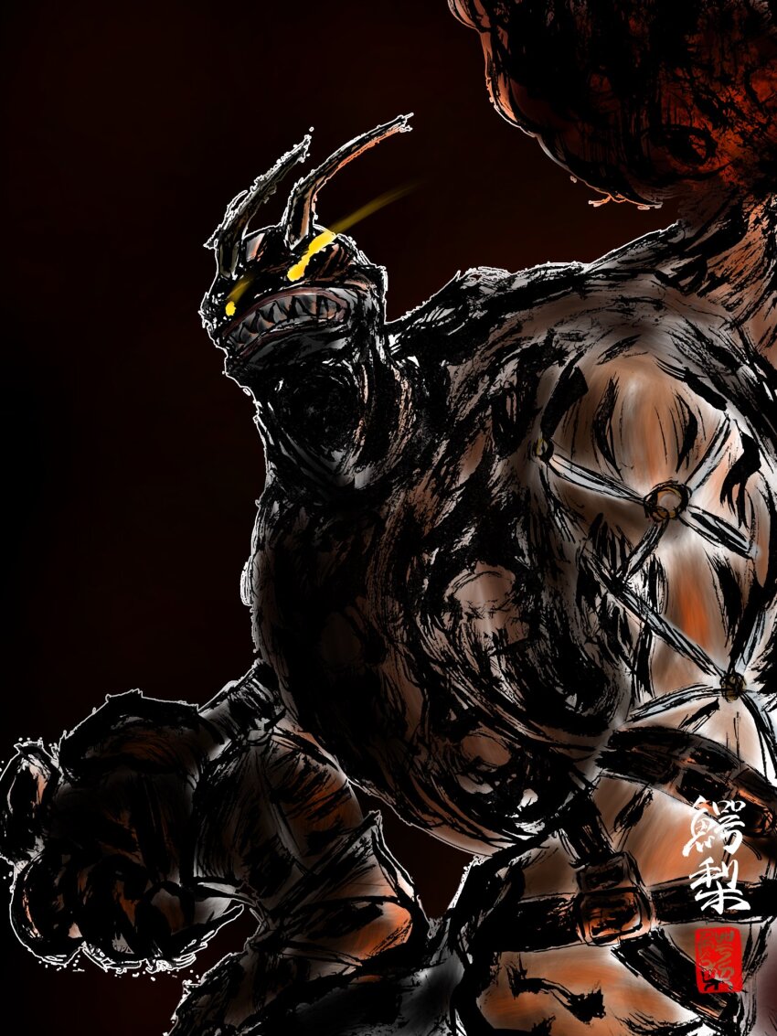1boy ancientvolcamon armor belt digimon digimon_(creature) highres horns looking_at_viewer male_focus rock sharp_teeth solo teeth