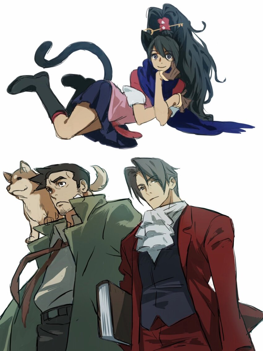 ace_attorney ace_attorney_investigations animal_ears ascot black_boots black_eyes black_hair black_pants black_vest blue_scarf book boots brown_gloves cat_ears cat_girl cat_tail coat curtained_hair dick_gumshoe dog dog_on_shoulder double-parted_bangs facial_hair formal_clothes gloves grey_eyes grey_hair head_rest high_ponytail highres holding holding_book jacket kay_faraday key_hair_ornament long_hair miles_edgeworth miniskirt missile_(ace_attorney) open_clothes open_coat panties pants parted_bangs pleated_skirt ponytail red_jacket red_panties red_suit scarf shirt short_hair skirt sotenborii suit tail underwear vest white_ascot white_background white_shirt