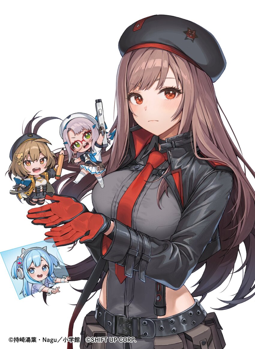 4girls :d animal_ear_headphones animal_ears anis_(nikke) artist_name belt beret black_belt black_gloves black_hat black_jacket blue_eyes blue_hair book brown_eyes brown_hair cat_ear_headphones closed_mouth collared_leotard commentary_request company_name copyright_name counters_(nikke) cowboy_shot cropped_jacket deformed fake_animal_ears glasses gloves goddess_of_victory:_nikke green_eyes grey_hair grey_leotard hands_up hat headphones highres holding holding_book holding_weapon holographic_monitor jacket leotard long_hair long_sleeves looking_at_viewer medium_hair multiple_girls nagu necktie neon_(nikke) nikke_seishun_burst:_nikke_gakuen official_art open_clothes open_hands open_jacket open_mouth pencil rapi_(nikke) red_eyes red_gloves red_necktie second-party_source serious shifty_(nikke) side_slit simple_background smile teeth three_quarter_view two-tone_gloves upper_teeth_only utility_belt watermark weapon white_background
