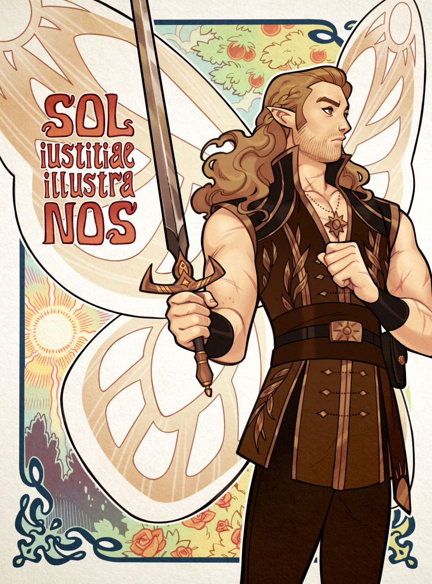 1boy absurdres beard_stubble belt blue_sky border braid brown_belt brown_eyes brown_hair brown_tunic bush butterfly_wings cloud commentary cowboy_shot day english_commentary facial_hair fantasy flower green_border green_sky hand_up high_collar highres holding holding_sword holding_weapon insect_wings jewelry latin_text leaf_print long_hair looking_to_the_side male_focus muscular muscular_male necklace orange_flower orange_rose orange_tree original ornate_border outdoors outside_border pointy_ears rose rose_bush scar scar_on_arm shirt side_braid sky sleeveless sleeveless_shirt solo stubble sun sun_necklace sun_print sword tree tunic wavy_hair weapon white_border white_wings wings wristband xamag