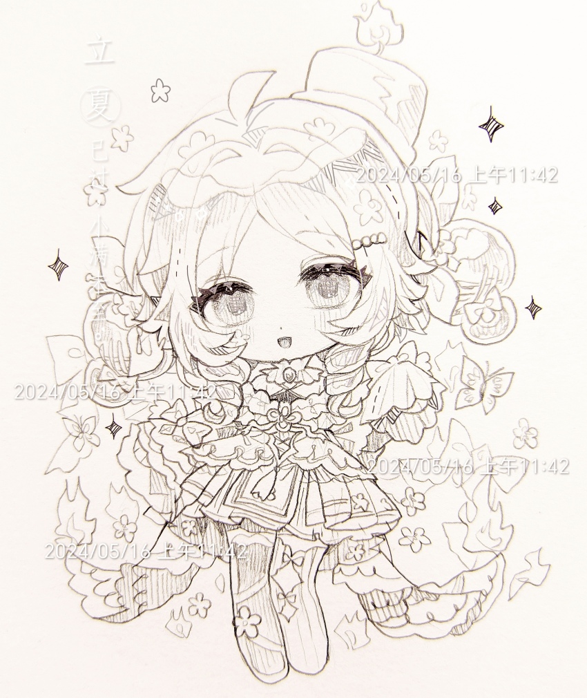 1girl :d absurdres ahoge blush chibi chibi_only dated dress full_body greyscale hand_up hat highres long_hair long_sleeves looking_at_viewer monochrome open_mouth original shoes simple_background sleeves_past_fingers sleeves_past_wrists smile solo sparkle standing thighhighs xingchunxiang