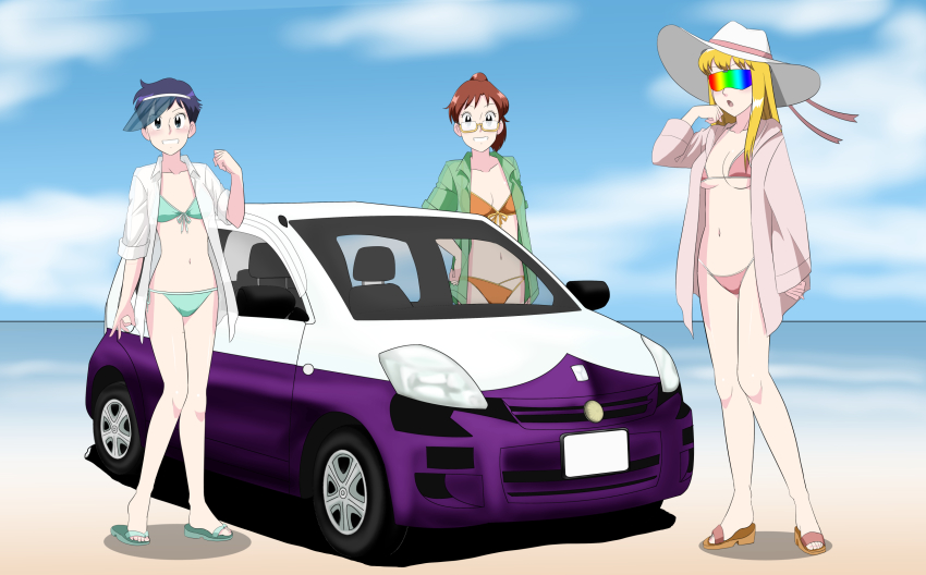 3girls akimoto_katherine_reiko beach bikini blonde_hair car glasses highres kochikame long_hair motor_vehicle multiple_girls ono_komachi police police_car police_uniform policewoman ponytail sandals seishou_naoko short_hair swimsuit takaya_n