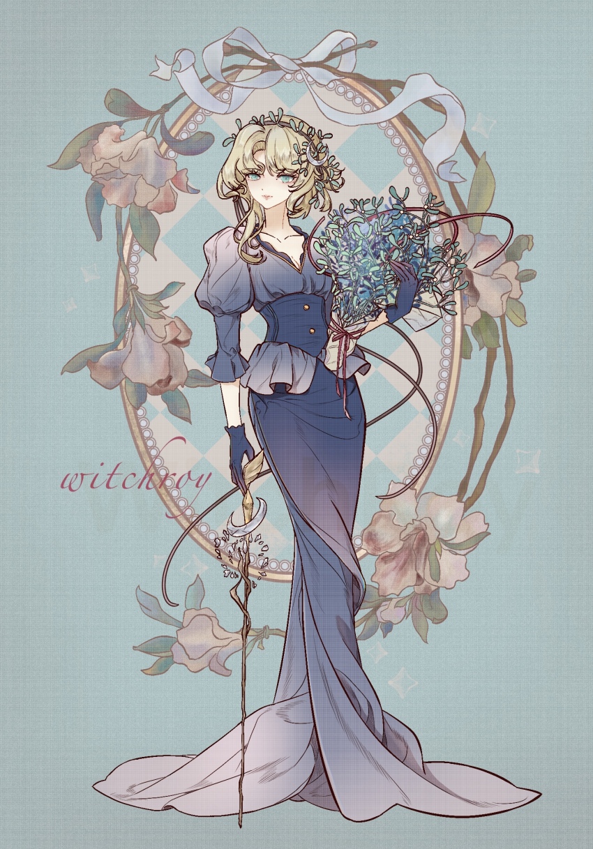 1girl aqua_background artist_name blonde_hair blue_dress blue_gloves bouquet cane crescent crescent_hair_ornament dress druvis_iii flower full_body gloves green_eyes hair_ornament hand_up highres hobble_dress holding holding_bouquet holding_cane juliet_sleeves leaf_hair_ornament long_dress long_sleeves looking_at_viewer medium_hair mistletoe oval pink_flower pink_lips puffy_sleeves reverse:1999 solo v-neck ya_(witchroy)