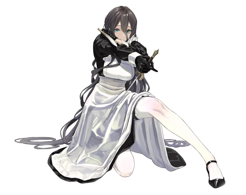 1girl apron aqua_eyes black_dress black_gloves black_hair black_shoes blue_eyes breasts closed_mouth dress frilled_apron frills full_body gloves hair_between_eyes high_heels highres holding holding_sword holding_weapon juliet_sleeves long_hair long_sleeves looking_at_viewer maid maid_apron on_one_knee original pantyhose puffy_sleeves sawatani_(_swt2) shoes simple_background sitting solo sword very_long_hair weapon white_apron white_background white_pantyhose