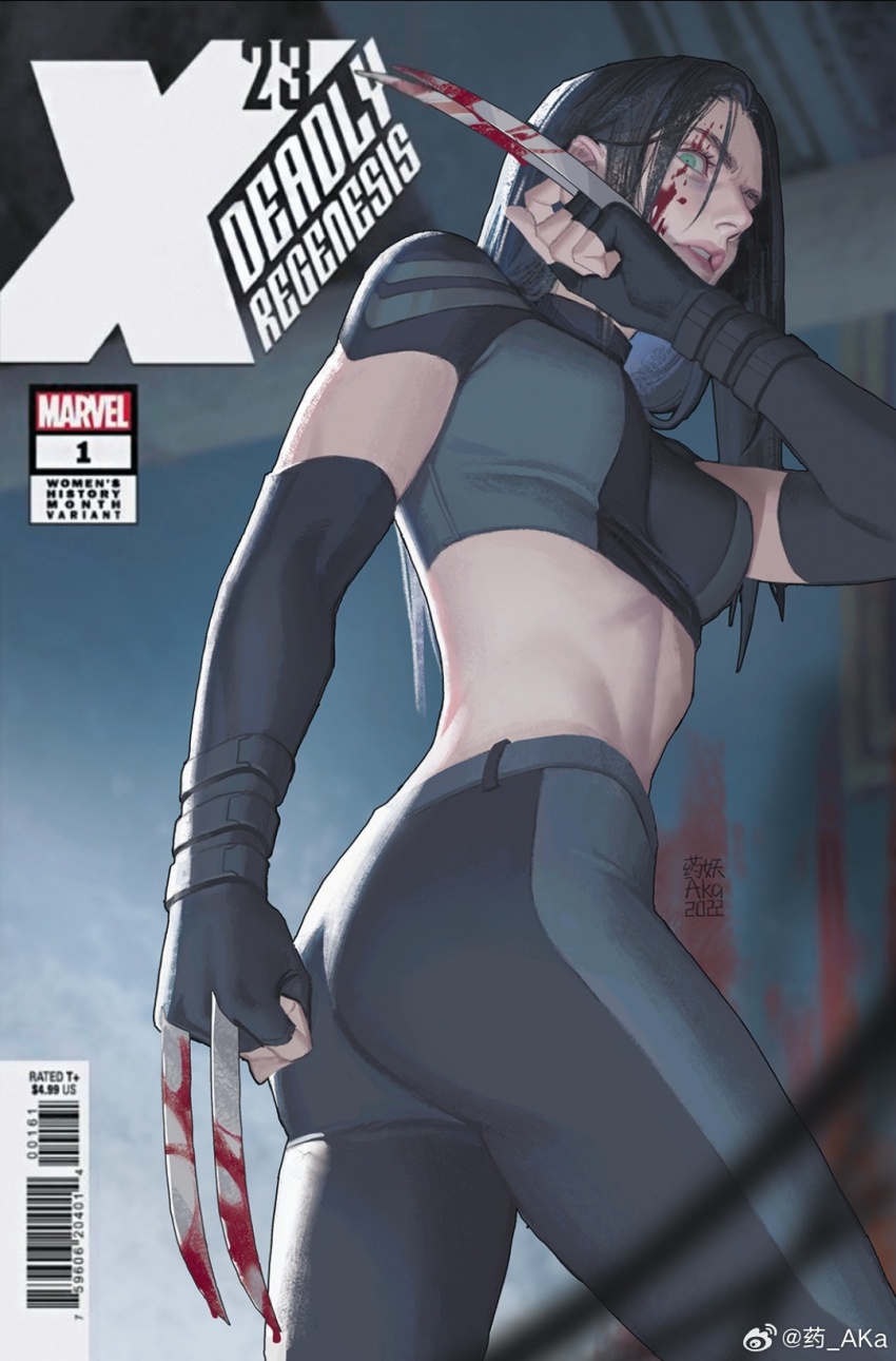 1girl artist_name ass barcode black_gloves black_hair black_pants black_shirt blood blood_on_face bloody_weapon blue_eyes breasts character_name claw_(weapon) copyright_name cowboy_shot elbow_gloves fingerless_gloves from_side gloves hand_up highres laura_kinney lips long_hair looking_at_viewer marvel medium_breasts midriff pants shirt short_sleeves solo standing teeth weapon wristband x-23 x-men yaoyao794