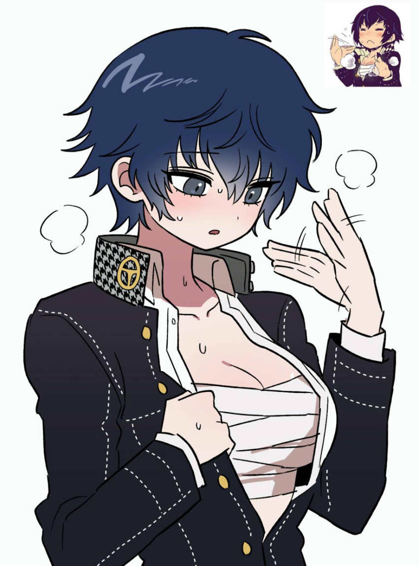 1girl afterimage black_jacket blue_hair blush breasts chest_sarashi cleavage collarbone collared_shirt commentary crossdressing crossdressing_(ftm) fanning_self grey_eyes hair_between_eyes highres houndstooth jacket large_breasts no_headwear parted_lips partially_unbuttoned persona persona_4 reference_inset reverse_trap sarashi school_uniform shirogane_naoto shirt shiryoku_kensa short_hair sidelocks simple_background solo standing sweat tomboy upper_body white_background white_shirt yasogami_school_uniform