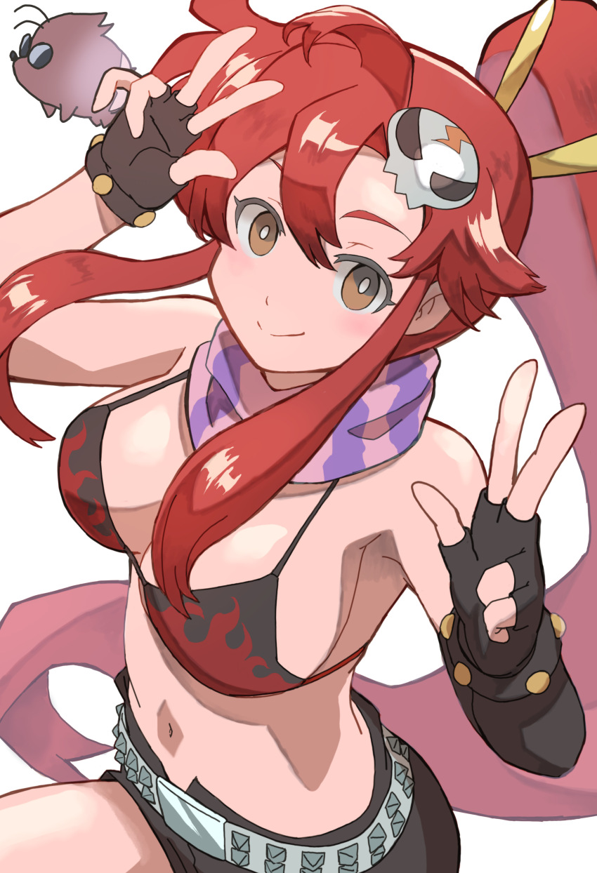 1girl absurdres belt bikini bikini_top_only black_gloves black_shorts boota_(ttgl) breasts closed_mouth double_w fingerless_gloves flame_print gloves hair_ornament high_ponytail highres k_katora long_hair looking_at_viewer medium_breasts navel ponytail print_bikini red_hair scarf short_shorts shorts sidelocks simple_background skull_hair_ornament smile stomach studded_belt swimsuit tengen_toppa_gurren_lagann very_long_hair w white_background yellow_eyes yoko_littner
