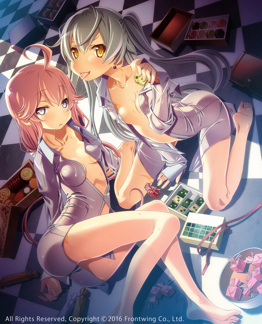2girls :p breasts checkered_floor collarbone dress_shirt dutch_angle earrings food grisaia_(series) grisaia_phantom_trigger highres ikoma_murasaki jewelry long_hair looking_at_viewer lying multiple_girls naked_shirt on_side open_clothes open_shirt pink_hair purple_eyes sakuya_tsuitachi shirt shishigaya_touka silver_hair sitting small_breasts smile stud_earrings sweets tongue tongue_out two_side_up wariza yellow_eyes