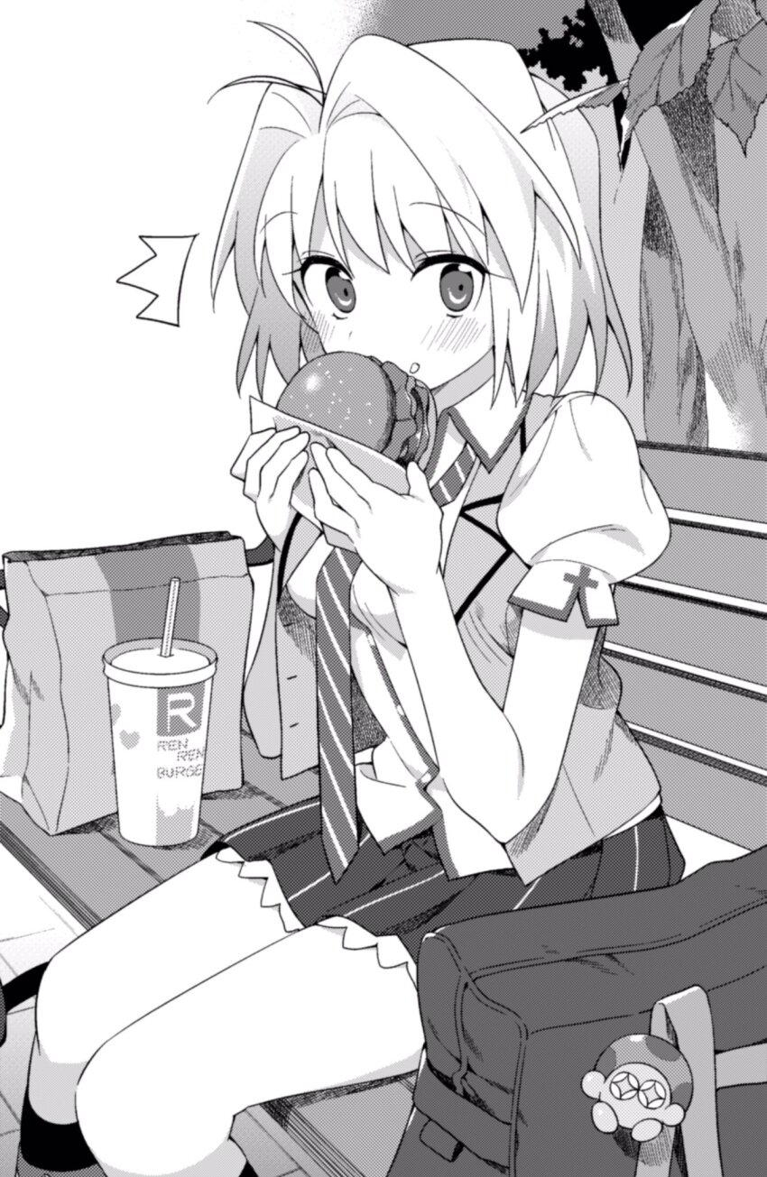 1girl ^^^ alternate_costume arcueid_brunestud bag bench blush burger character_charm charm_(object) collared_shirt cup drinking_straw eating food greyscale hanabana_tsubomi highres homurabara_academy_school_uniform looking_at_viewer monochrome mushroom nasu_kinoko necktie open_clothes open_vest outdoors paper_bag school_bag school_uniform shirt short_hair sitting skirt solo tree tsukihime type-moon vest