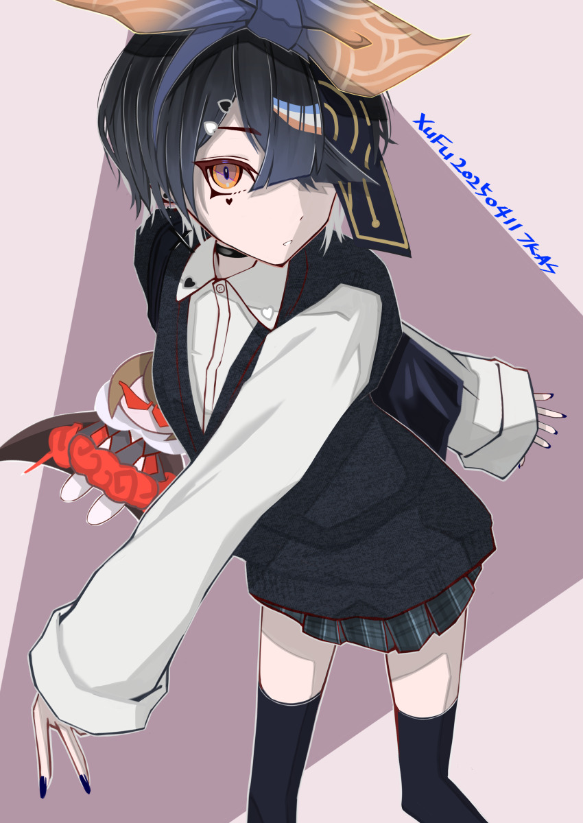 1girl absurdres bicolor_bow black_hair breasts brown_eyes character_doll collared_shirt doll fate/grand_order fate_(series) hair_over_one_eye highres holding holding_doll lady_yu_doll lappet long_sleeves looking_at_viewer mole mole_under_eye open_mouth plaid_clothes plaid_skirt school_uniform shirt simple_background skirt small_breasts solo tsukaasa white_background white_shirt xu_fu_(fate) xu_fu_(first_ascension)_(fate)