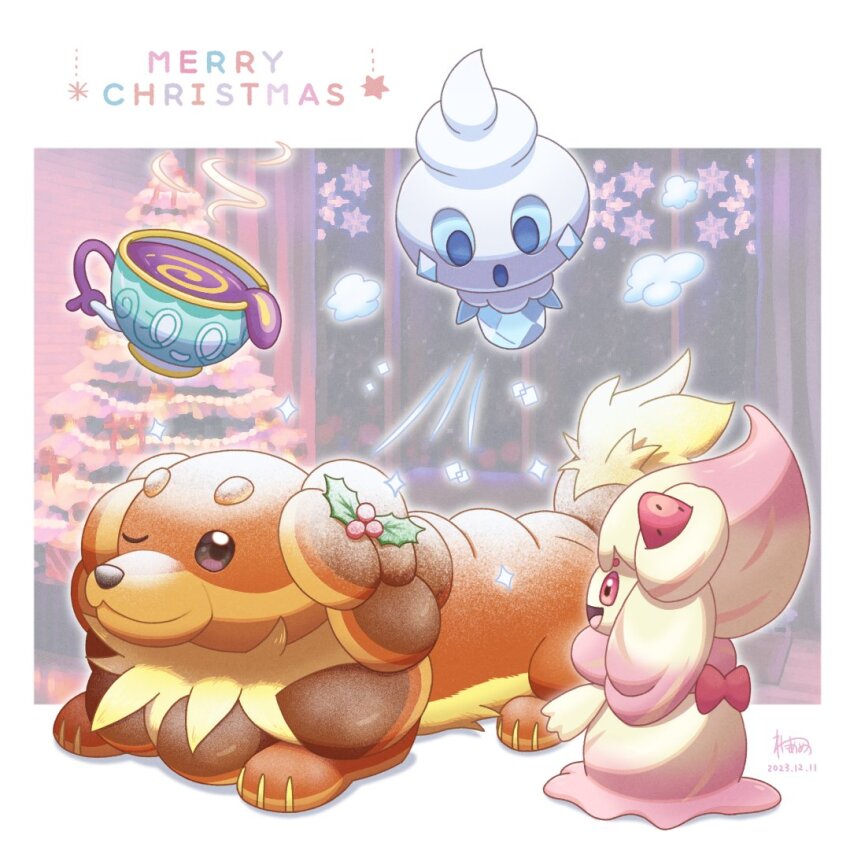 alcremie alcremie_(ruby_swirl) blue_eyes bow brown_eyes christmas christmas_tree commentary dachsbun dated dog gen_5_pokemon gen_8_pokemon lying merry_christmas nintendo no_humans one_eye_closed pink_eyes pokemon pokemon_(creature) sinistea smile vanillite wataame4907