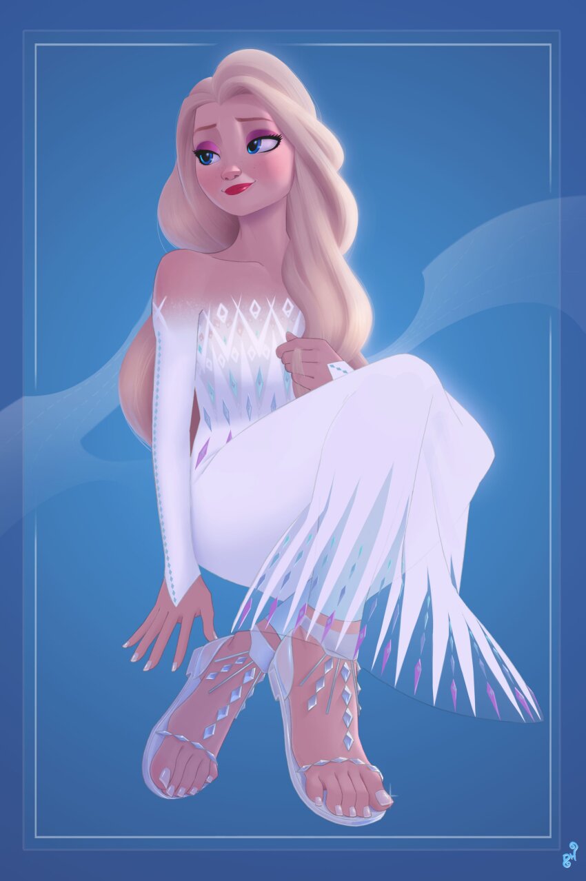1girl absurdres blonde_hair blue_eyes dress elsa_(frozen) feet female_focus frozen_(disney) high_heels highres ice ice_shoes makeup mohoshadream nail_polish toenail_polish toenails toes