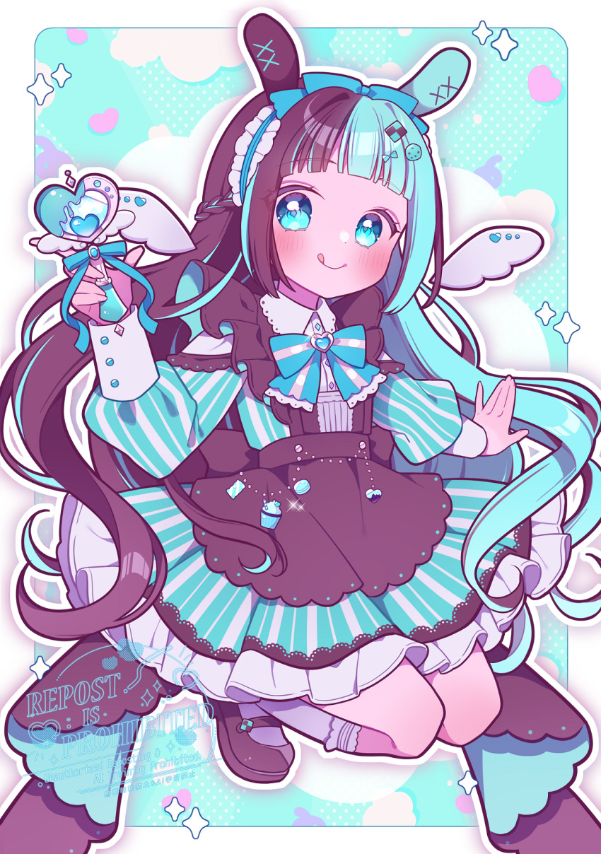 1girl animal_ears apron aqua_bow aqua_bowtie aqua_eyes aqua_gemstone blush border bow bowtie braid brown_apron brown_bow brown_hair brown_shoes charm_(object) commentary_request cupcake detached_wings dress dress_bow fashion food frilled_dress frilled_hairband frilled_socks frills gem green_dress green_hair hairband half_up_braid heart heart-shaped_gem highres holding holding_wand jumping lace lace-trimmed_dress lace_trim lolita_fashion long_hair long_sleeves looking_at_viewer macaron magical_girl maid mary_janes mint_chocolate_(razschi) multicolored_hair original rabbit_ears shoes smile socks solo sparkle split-color_hair striped_clothes striped_dress sweet_lolita umecha_0 vertical-striped_clothes vertical-striped_dress very_long_hair wand watermark white_border white_socks wings