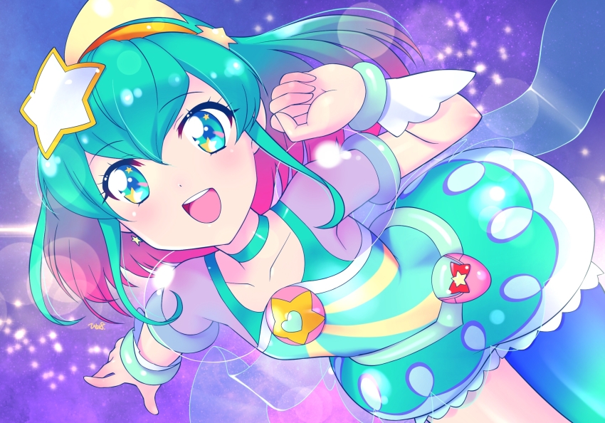1girl :d aqua_choker aqua_eyes aqua_hair armlet bracelet choker collarbone cure_milky earrings eyelashes gradient_hair gradient_legwear gradient_pantyhose hagoromo_lala hair_between_eyes hairband highres himehachi_(hime8manga) jewelry magical_girl medium_hair multicolored_hair open_mouth orange_hairband pink_hair precure single_leg_pantyhose smile solo star_(symbol) star_earrings star_in_eye star_twinkle_precure symbol_in_eye teeth two-tone_hair upper_teeth_only
