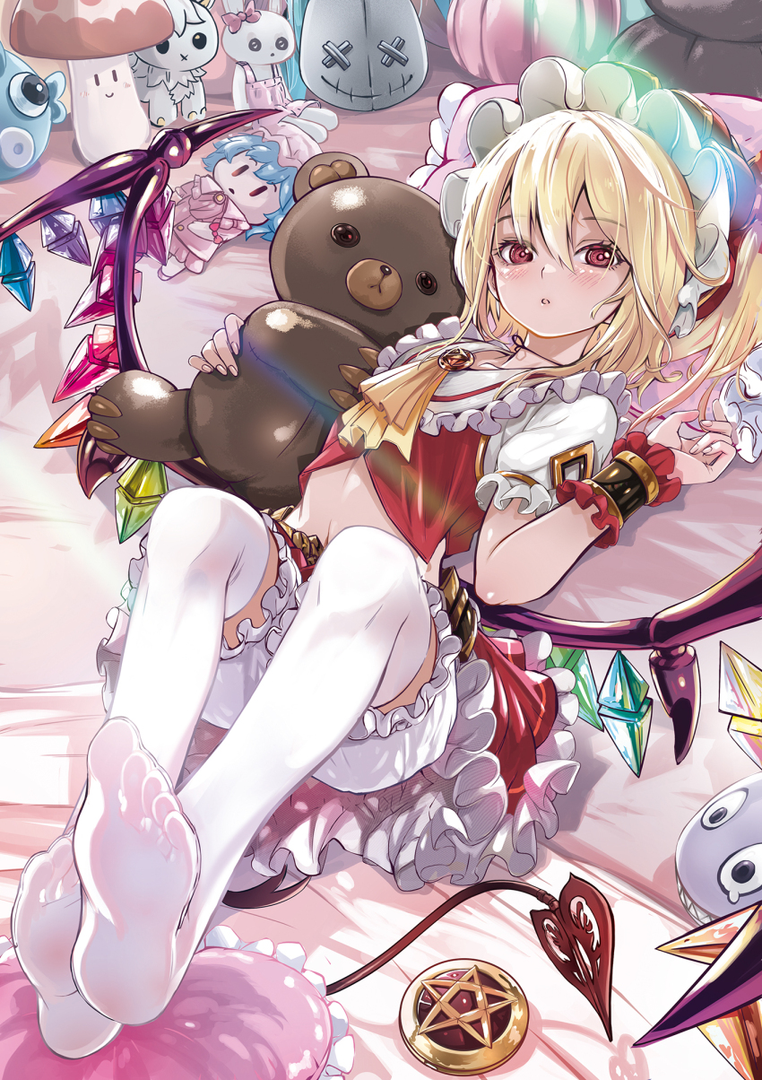 1girl ascot blonde_hair bloomers bonnet character_doll commentary crystal doll feet flandre_scarlet full_body hair_between_eyes highres holding holding_stuffed_toy l.f. laevatein_(touhou) looking_at_viewer lying on_back parted_lips pentagram pillow puffy_short_sleeves puffy_sleeves red_eyes red_skirt red_vest remilia_scarlet shirt short_sleeves skirt solo stuffed_animal stuffed_mushroom stuffed_rabbit stuffed_toy teddy_bear thighhighs touhou underwear vest white_bloomers white_bonnet white_shirt white_thighhighs wings wrist_cuffs yellow_ascot