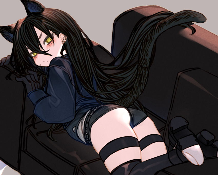 1girl animal_ears arknights ass asymmetrical_footwear black_hair black_jacket boots cat_ears cat_tail dagda_(arknights) extra_ears hair_between_eyes jacket knee_boots kochiya_(gothope) long_hair looking_at_viewer lying micro_shorts on_stomach shorts single_knee_boot solo tail yellow_eyes