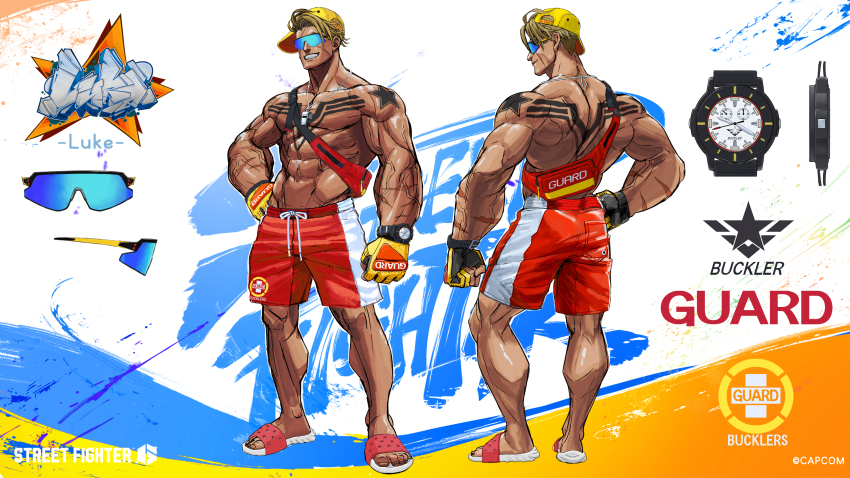 1boy abs absurdres bag biceps blonde_hair character_name chest_tattoo copyright_name fingerless_gloves flip-flops full_body gloves hand_on_own_hip highres luke_sullivan male_swimwear multiple_scars multiple_tattoos muscular muscular_male official_alternate_costume official_art pectorals reference_sheet sandals satchel scar shoulder_tattoo sideways_hat solo street_fighter street_fighter_6 sunglasses swim_trunks tattoo