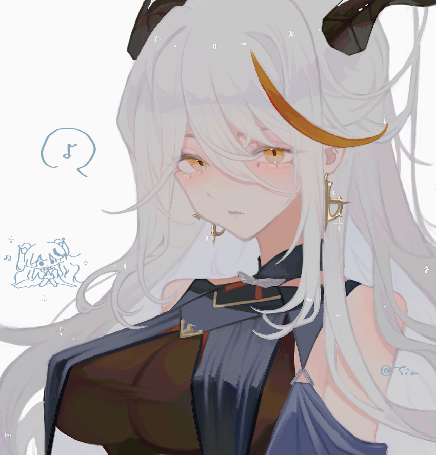 2girls aegir_(azur_lane) anchorage_(azur_lane) azur_lane bare_shoulders bodystocking breast_curtains breasts chibi chibi_inset cross cross_earrings demon_horns earrings hair_between_eyes hair_on_horn highres horns jewelry large_breasts long_hair looking_at_viewer multicolored_hair multiple_girls red_hair simple_background streaked_hair tiatan two-tone_hair upper_body white_background white_hair yellow_eyes