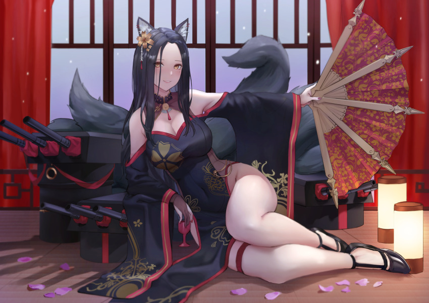 animal_ears bare_hips bare_legs bare_shoulders breasts china_dress chinese_clothes cleavage cleavage_cutout clothing_cutout dress eru_(eru_illust) folding_fan fox_ears fox_tail furisode_sleeves groin hand_fan highres kitsune kyuubi large_breasts multiple_tails musashi_(battleship) original pelvic_curtain print_folding_fan tail thighs