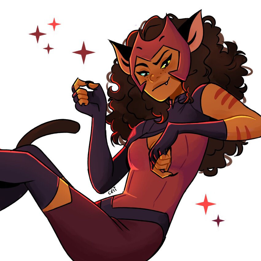 1girl absurdres animal_ears black_gloves black_socks blue_eyes breasts brown_hair cat_ears cat_tail catra claws cleavage commentary curly_hair dark-skinned_female dark_skin english_commentary fang fingerless_gloves freckles gloves helmet heterochromia highres looking_at_viewer pianta_celi reclining red_helmet she-ra_and_the_princesses_of_power simple_background slit_pupils smile smug socks solo sparkle tail white_background yellow_eyes