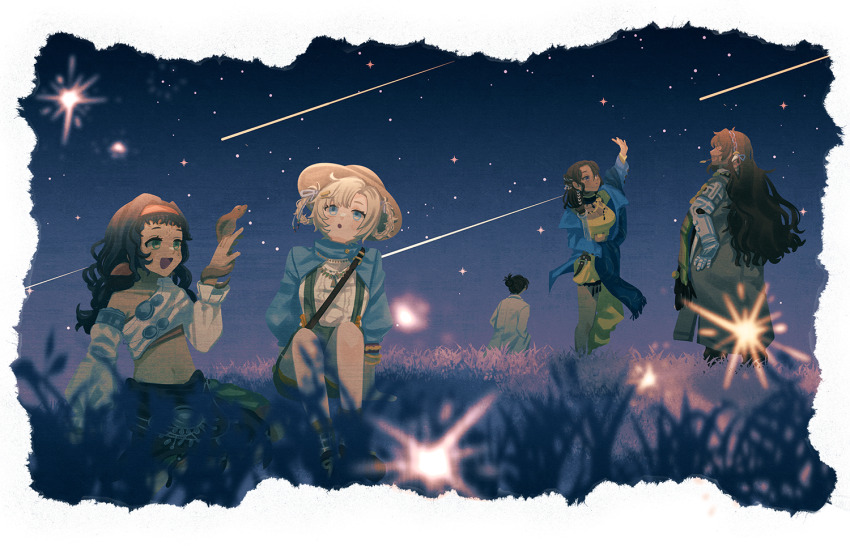 1boy 4girls :d :o animal animal_on_hand arm_up asymmetrical_clothes black_hair blue_coat blue_eyes blue_shrug boater_hat border braid braided_hair_rings brown_coat brown_hair coat cobra_(animal) cowboy_shot grass green_eyes grey_hair grey_shorts hair_rings hairband hand_up kaalaa_baunaa kanjira knees_up kumar_(reverse:1999) long_hair looking_up matilda_bouanich matilda_bouanich_(the_genius&#039;s_holiday) mechanical_arms mouth_hold multiple_girls navel night night_sky on_grass open_mouth outdoors pants prosthesis prosthetic_arm reverse:1999 shamane shirt shooting_star shorts shrug_(clothing) single_mechanical_arm single_pantsleg sitting sky smile sparks stalk_in_mouth standing star_(sky) starry_sky suspender_shorts suspenders tn_kn1000 transparent_border white_coat white_shirt yellow_hairband yellow_pants yellow_shirt