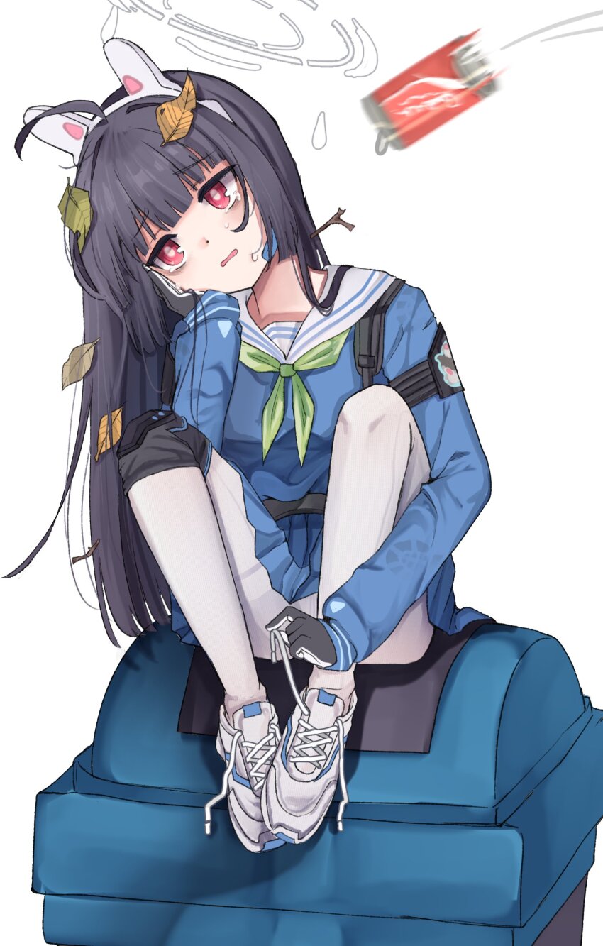1girl animal_ears bags_under_eyes black_gloves black_hair blue_archive blue_shirt can child clueless dot_nose drink_can eyebrows_hidden_by_hair fake_animal_ears female_focus full_body gloves green_neckerchief halo hand_on_own_face head_rest head_tilt knee_pads knees_up long_hair long_sleeves looking_afar meemz_a miyu_(blue_archive) neckerchief nervous open_mouth pantyhose rabbit_ears red_eyes sailor_collar school_uniform serafuku shirt shoes simple_background sitting sneakers soda_can solo two-tone_gloves white_background white_gloves white_halo white_pantyhose white_sailor_collar white_shoes