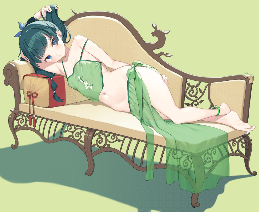 1girl absurdres barefoot beads blue_eyes blue_ribbon bracelet breasts cloba couch floral_print full_body green_background hair_beads hair_ornament hair_ribbon hand_in_own_hair highres jewelry kusuriya_no_hitorigoto long_hair looking_at_viewer lying maomao_(kusuriya_no_hitorigoto) off_shoulder on_couch on_side ribbon sarong simple_background small_breasts solo tassel
