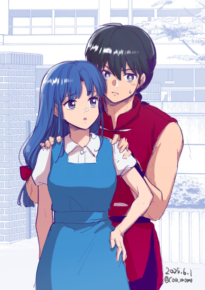 1boy 1girl artist_name black_hair blue_dress blue_hair coa_(momo) dated dress fuurinkan_high_school_uniform hands_on_another&#039;s_shoulders highres long_hair low-tied_long_hair ranma_1/2 red_shirt saotome_ranma school_uniform shirt sleeveless sleeveless_shirt sweatdrop tendou_akane