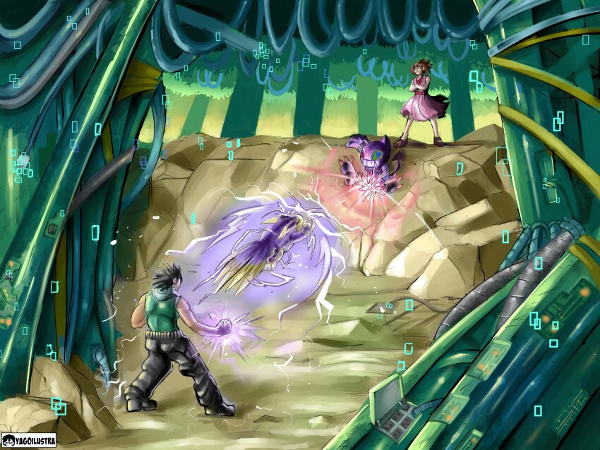 1boy 1girl absurdres digimon digimon_(creature) dracumon elecmon_(violet) highres looking_at_another mask tail