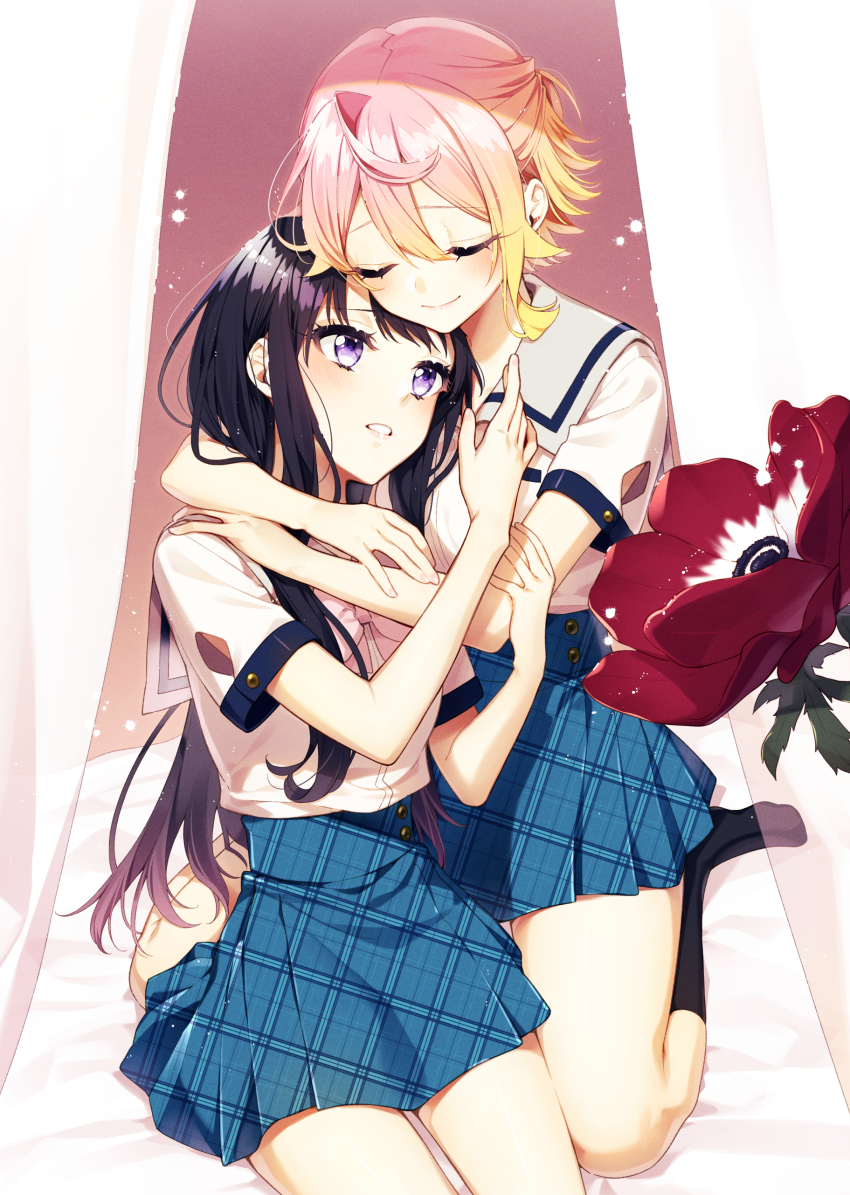 2girls absurdres anemone_wa_netsu_wo_obiru bed_sheet black_hair black_socks blonde_hair blue_skirt brown_hair closed_eyes closed_mouth commentary_request curtains flower gradient_hair highres hug kneehighs komiyama_mashiro long_hair multicolored_hair multiple_girls no_shoes ootsuki_nagisa plaid_clothes plaid_skirt pleated_skirt purple_eyes red_flower sakuragi_ren school_uniform shirt single_hair_intake sitting skirt socks transparent very_long_hair wariza white_shirt yuri