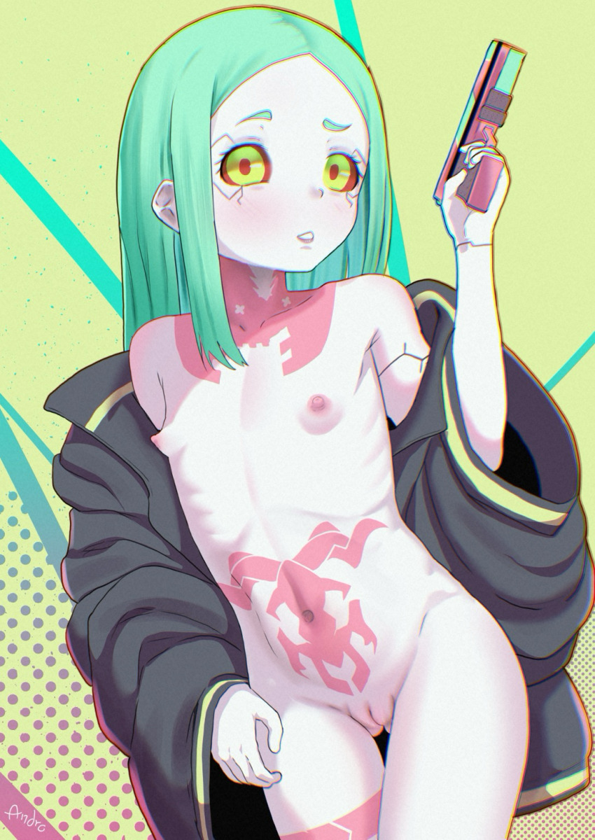 1girl andro_gs arm_at_side artist_name black_jacket blush breasts colored_sclera colored_skin confused cowboy_shot cyberpunk:_edgerunners cyberpunk_(series) cyborg embarrassed eyelashes female_focus green_background green_eyes green_hair grey_skin gun hand_up handgun highres holding holding_gun holding_weapon jacket loli long_hair looking_at_viewer matching_hair/eyes naked_jacket navel nipples open_clothes open_jacket parted_lips pussy rebecca_(cyberpunk) red_sclera ribs simple_background small_breasts solo stomach_tattoo tattoo teeth uncensored weapon