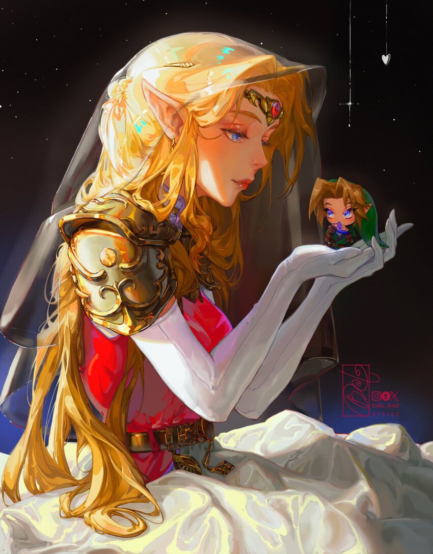 armor balo_badartist blonde_hair blue_eyes breasts chibi couple dress earrings elbow_gloves gloves gold_armor green_hat green_tunic hat hetero highres holding holding_instrument in_palm instrument jewelry kneeling link lips long_dress long_hair looking_at_another medium_breasts music nintendo ocarina pink_tunic playing_instrument pointy_ears pointy_hat princess_zelda short_hair shoulder_armor sidelocks sky star_(sky) starry_sky the_legend_of_zelda the_legend_of_zelda:_ocarina_of_time tiara tunic white_dress white_gloves