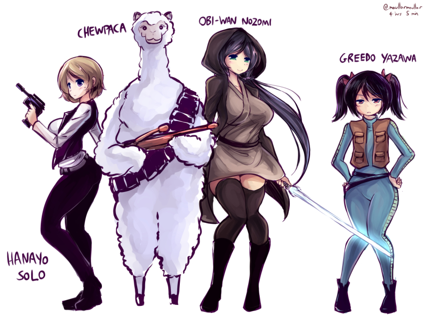 3girls alpaca black_hair blaster_(star_wars) breasts brown_hair chewbacca cloak completion_time cosplay crossover energy_sword flat_chest greedo greedo_(cosplay) gun han_solo han_solo_(cosplay) handgun hands_on_own_hips hood jedi koizumi_hanayo large_breasts lightsaber long_hair love_live! love_live!_school_idol_project low_twintails maullarmaullar multiple_girls obi-wan_kenobi obi-wan_kenobi_(cosplay) pistol pun purple_eyes purple_hair red_eyes rifle short_hair short_twintails star_wars sword thighhighs tojo_nozomi twintails weapon what wide_hips yazawa_nico
