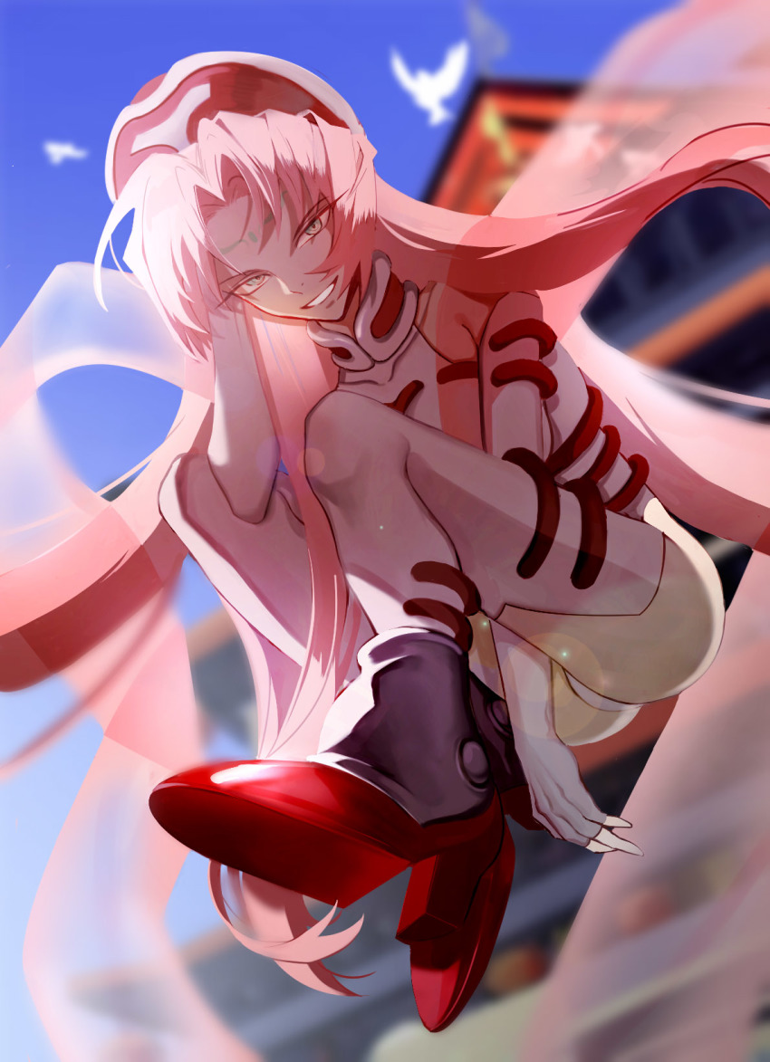 1girl bare_shoulders between_legs blue_eyes blurry blurry_background drawing elbow_gloves facial_mark flying forehead_mark from_below gloves grin hagoromo hand_between_legs hat high_heels highleg highleg_leotard highres houshin_engi leotard long_hair pink_hair shawl smile so_dakki solo thighhighs very_long_hair wago