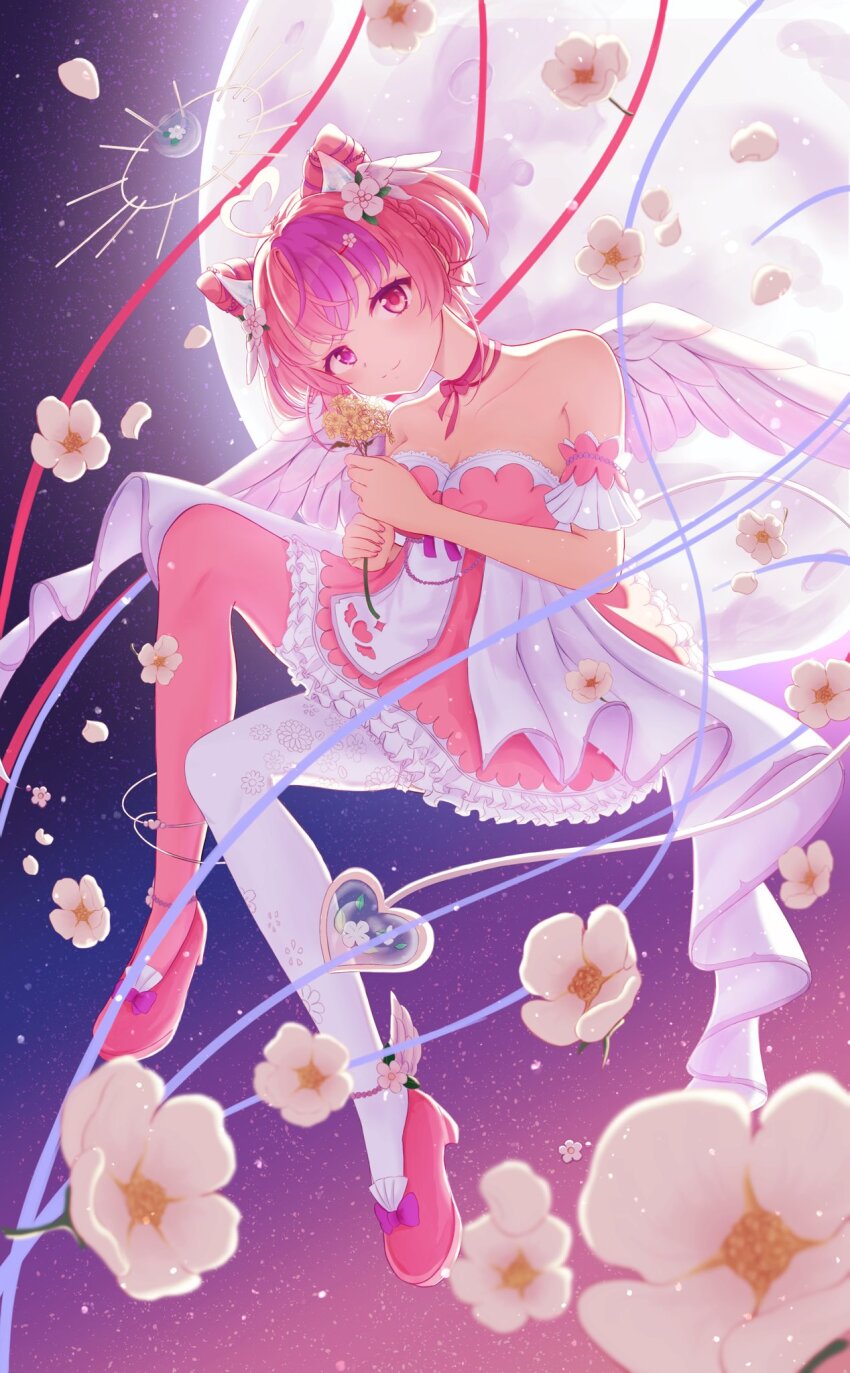 1girl alternate_hairstyle angel_wings breasts cleavage dress fallen_angel feathered_wings flower flower_request frilled_dress frills hair_flower hair_ornament hairpin heterochromia highres holding holding_flower ironmouse ironmouse_(fallen_angel) large_breasts looking_at_viewer moon multicolored_hair nohanenoe pink_dress pink_eyes pink_hair pink_ribbon pink_shoes pink_thighhighs purple_eyes purple_hair ribbon shoes short_hair smile solo streaked_hair thighhighs virtual_youtuber vshojo white_thighhighs wings