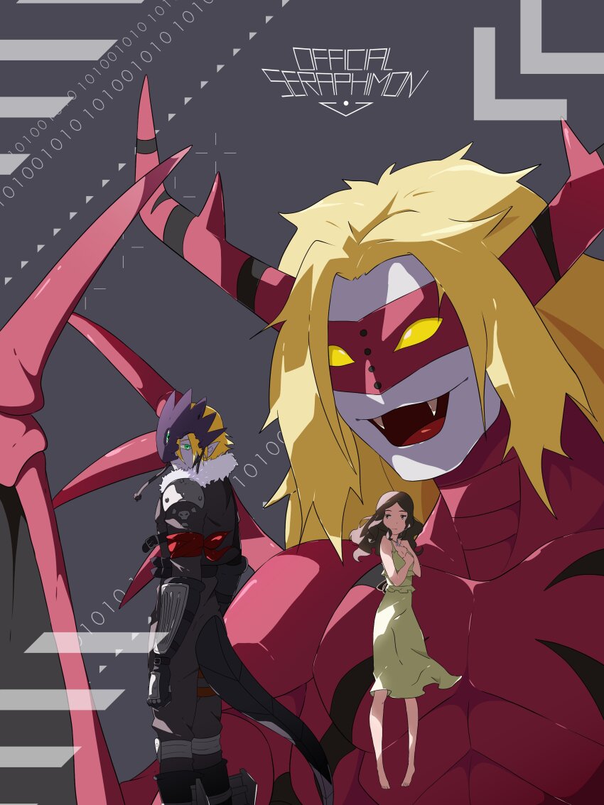 1girl 2boys absurdres beelzebumon blonde_hair damaged digimon digimon_(creature) fangs highres multiple_boys officialseraphimon open_mouth original venomvamdemon
