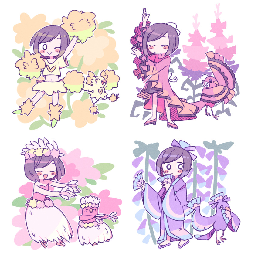1girl :d ^_^ arms_up beak bird brown_hair cheerleader closed_eyes commentary_request dancing folding_fan gen_7_pokemon hand_fan head_wreath highres holding holding_fan japanese_clothes kimono medium_hair midriff multiple_views navel nintendo okobo one_eye_closed open_mouth oricorio oricorio_(baile) oricorio_(pa&#039;u) oricorio_(pom-pom) oricorio_(sensu) platform_sandals pokemon pokemon_(creature) pokemon_sm pom_pom_(cheerleading) purple_kimono remoooon sandals selene_(pokemon) smile standing swept_bangs